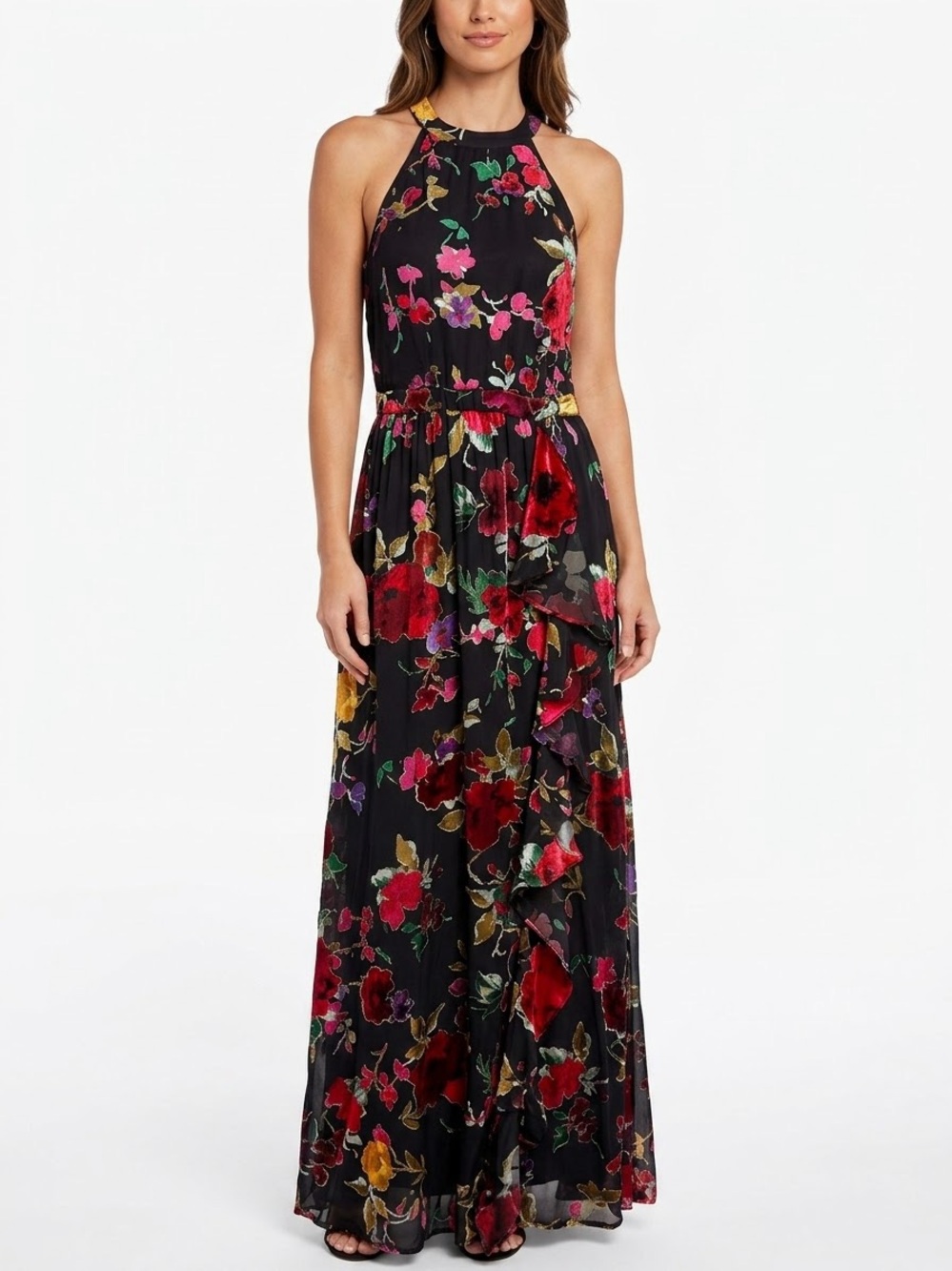 Boston Proper Floral Halter Maxi Dress Sz 4 Black Red Ruffle Wedding Guest